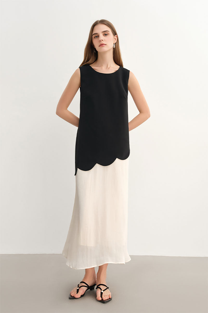 Black & White Sleeveless Mixed Media Midi Dress
