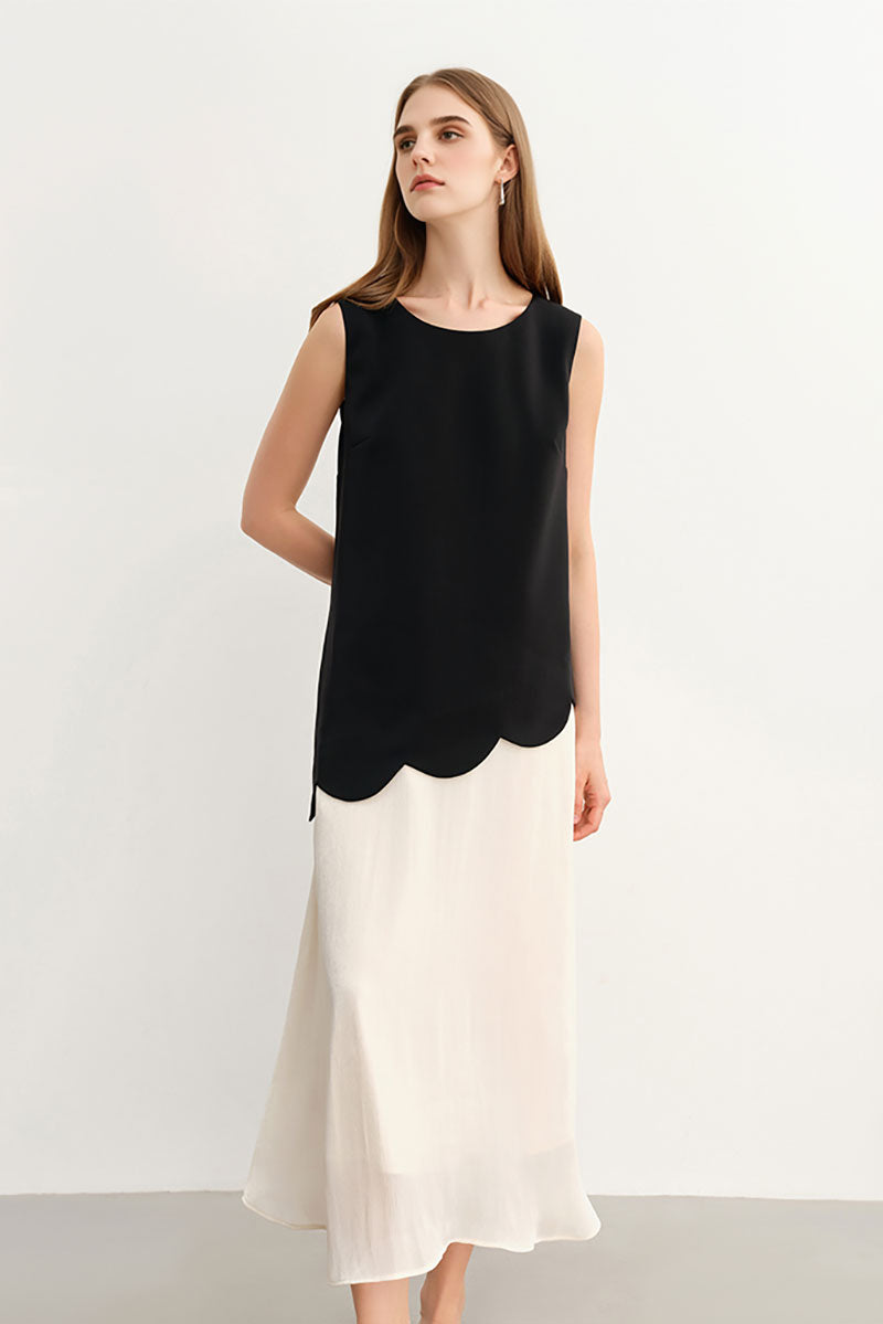 Black & White Sleeveless Mixed Media Midi Dress