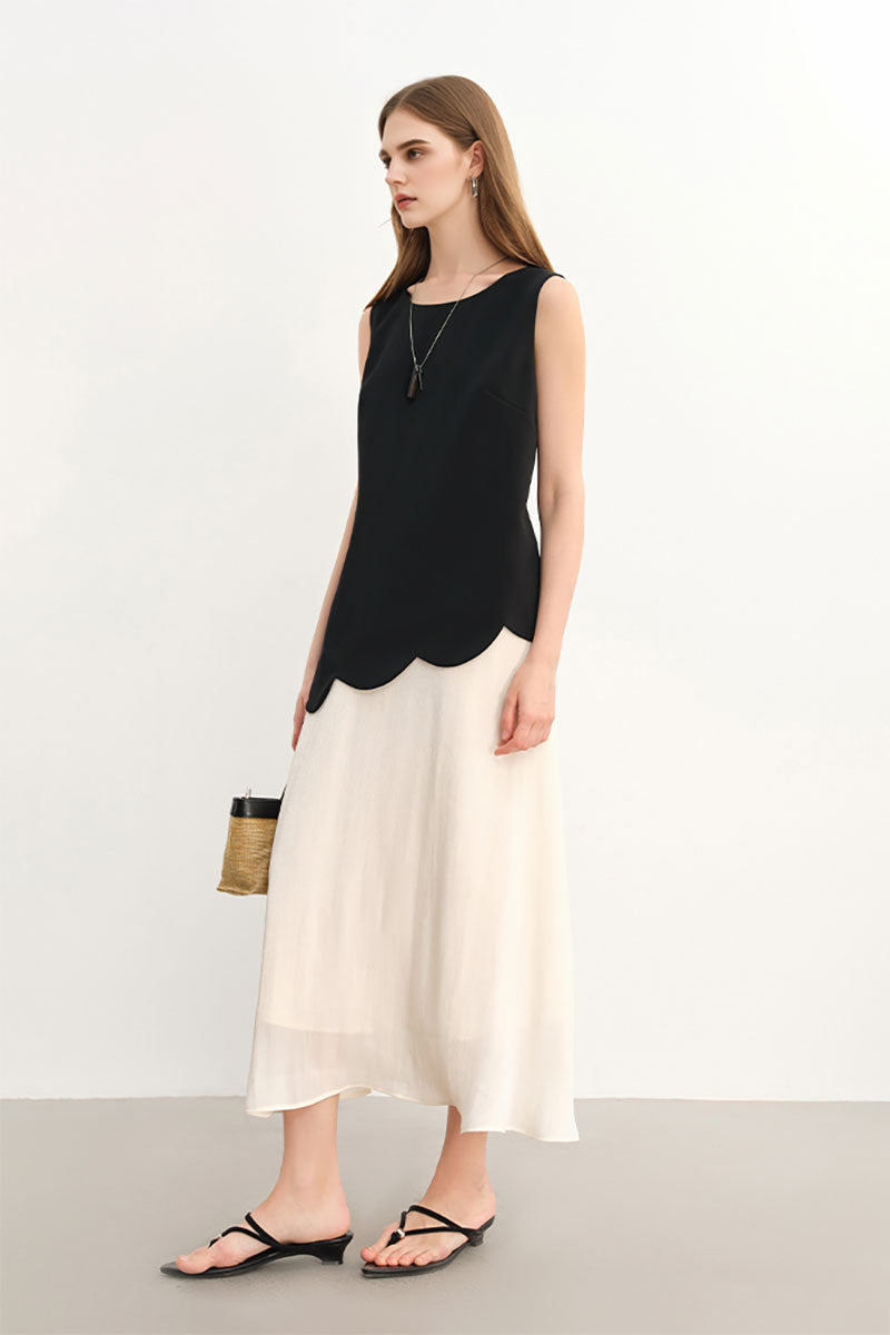 Black & White Sleeveless Mixed Media Midi Dress