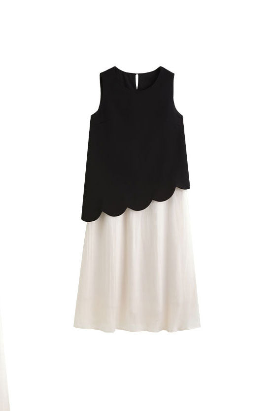 Black & White Sleeveless Mixed Media Midi Dress