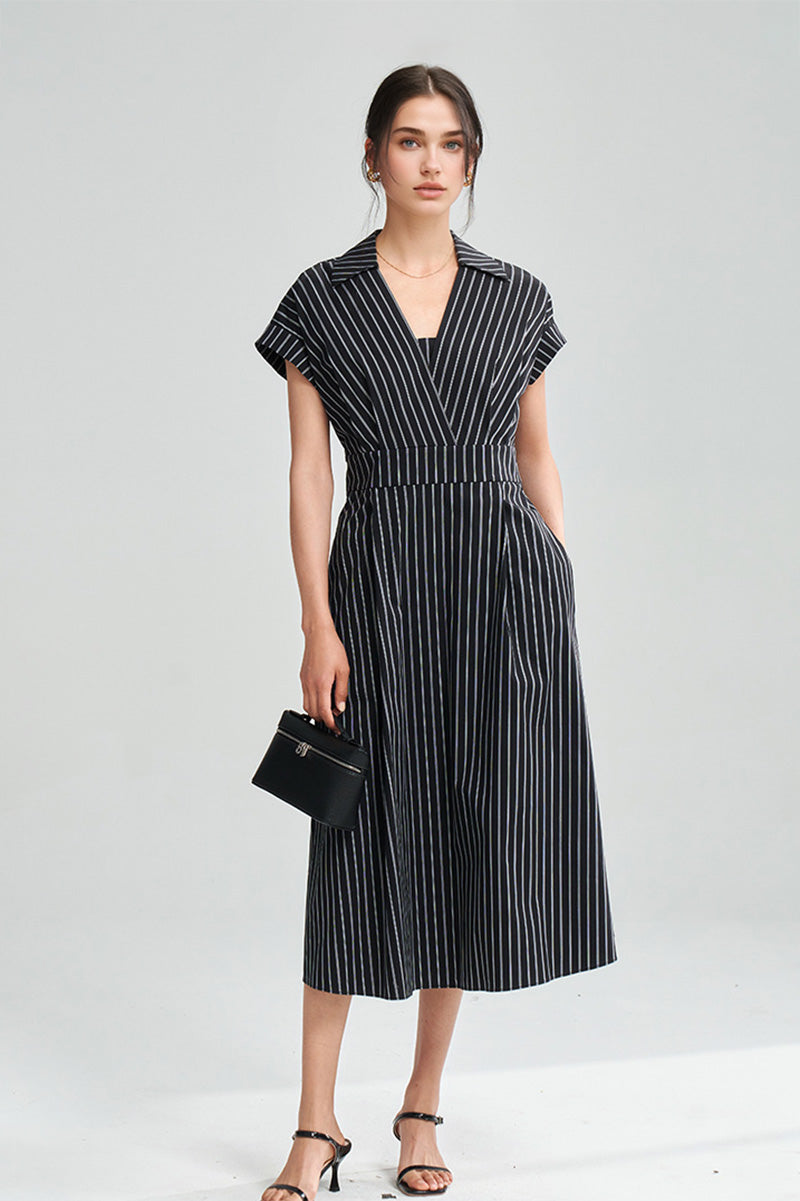 Black & White Striped A-Line Cap-Sleeve Midi Dress