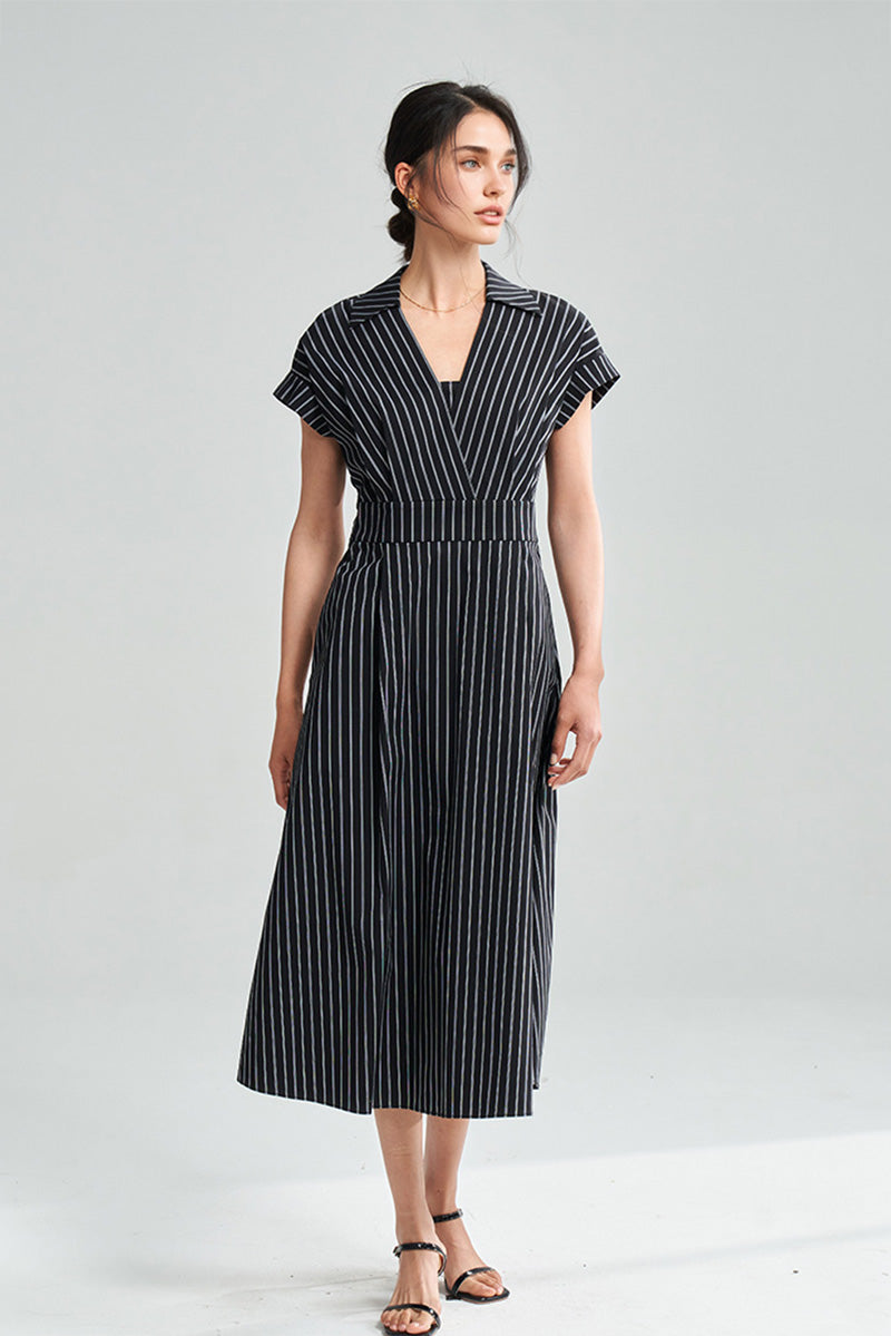 Black & White Striped A-Line Cap-Sleeve Midi Dress
