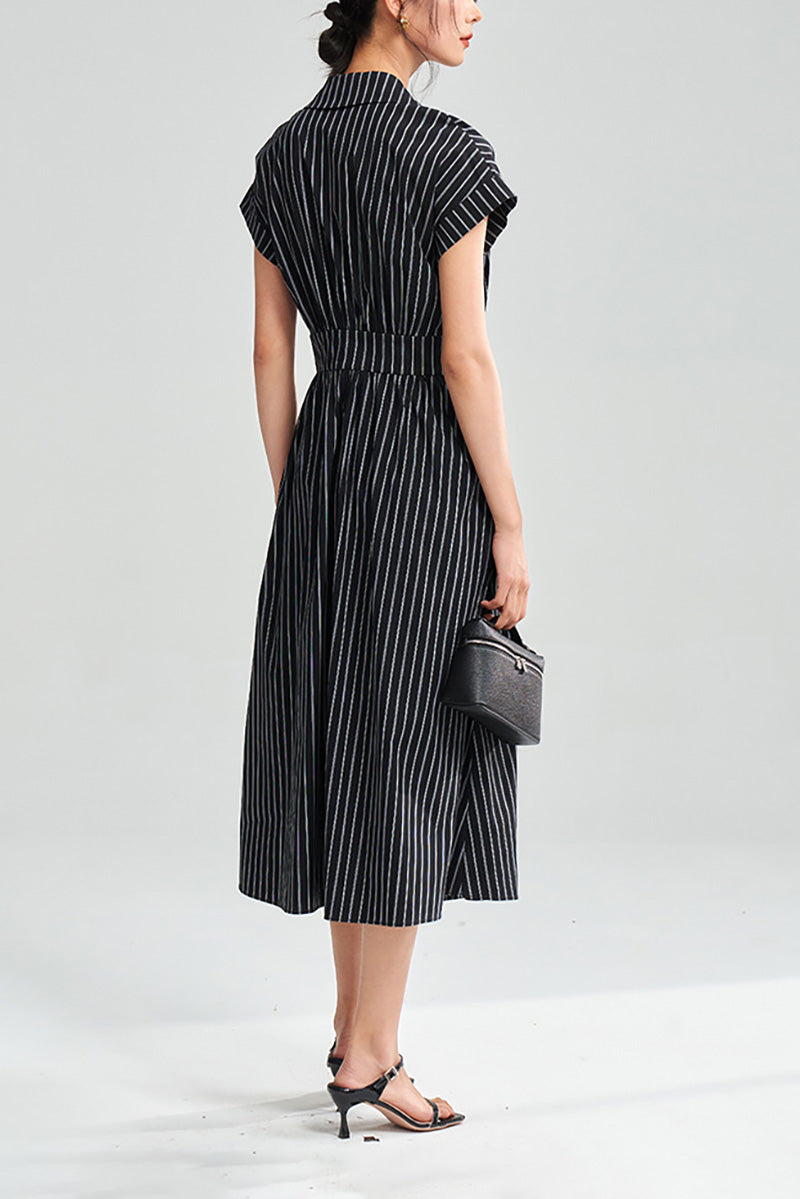 Black & White Striped A-Line Cap-Sleeve Midi Dress