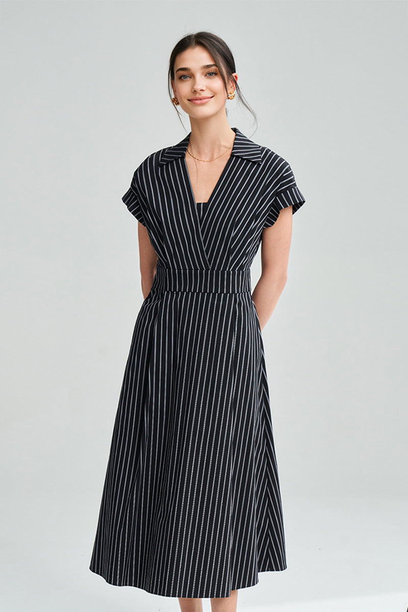 Black & White Striped A-Line Cap-Sleeve Midi Dress
