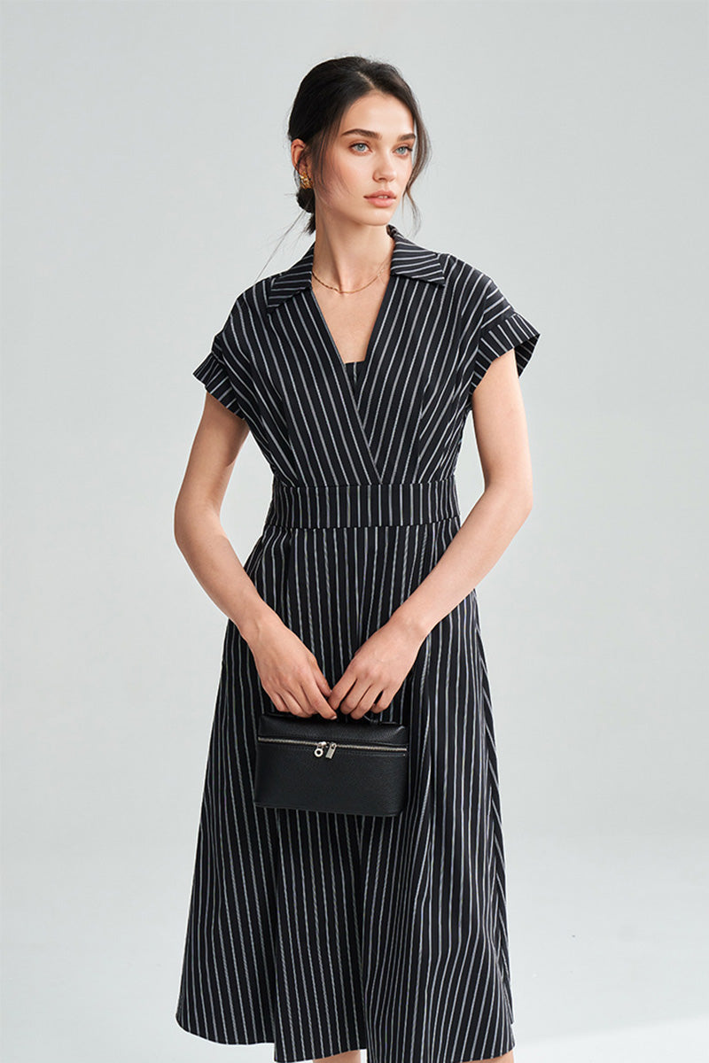 Black & White Striped A-Line Cap-Sleeve Midi Dress