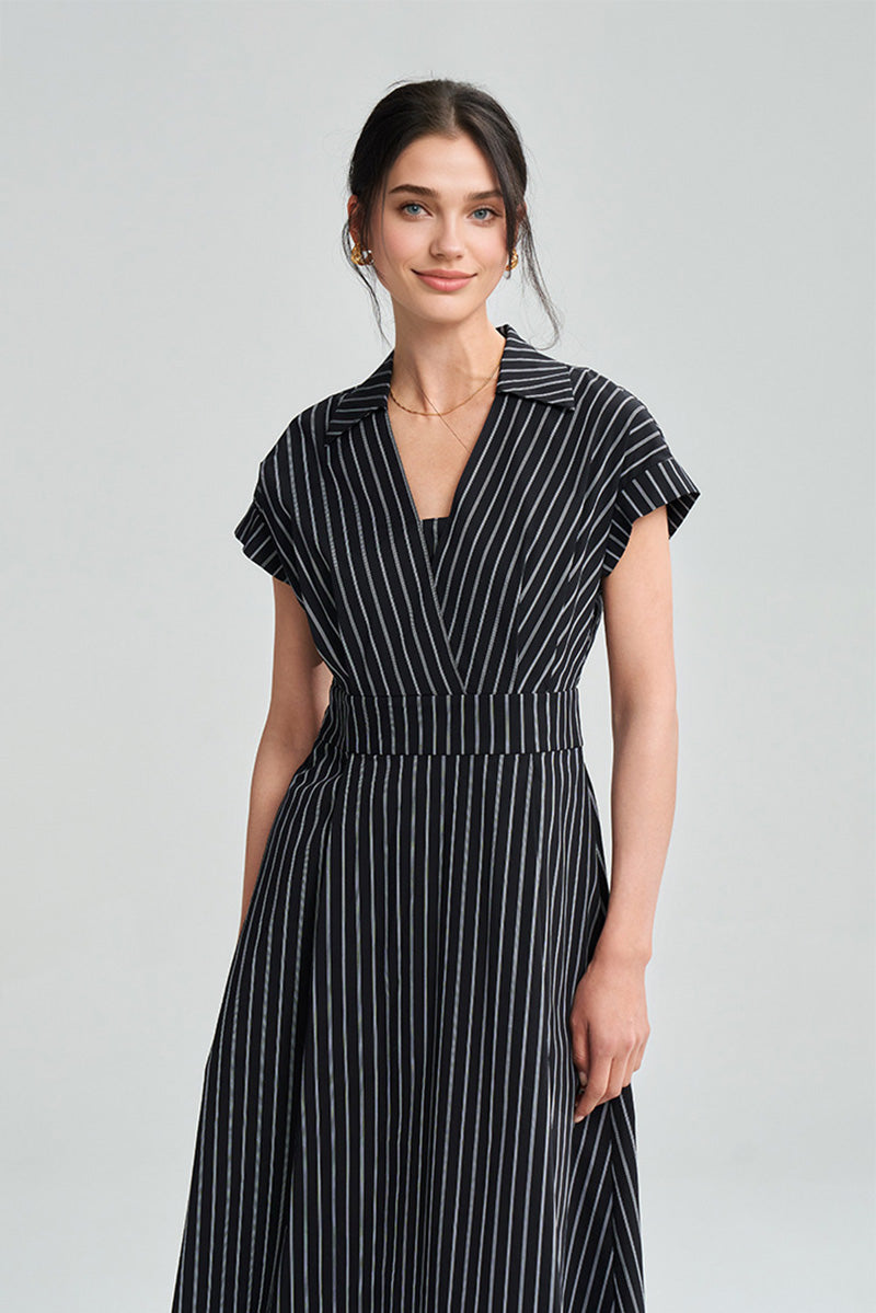 Black & White Striped A-Line Cap-Sleeve Midi Dress