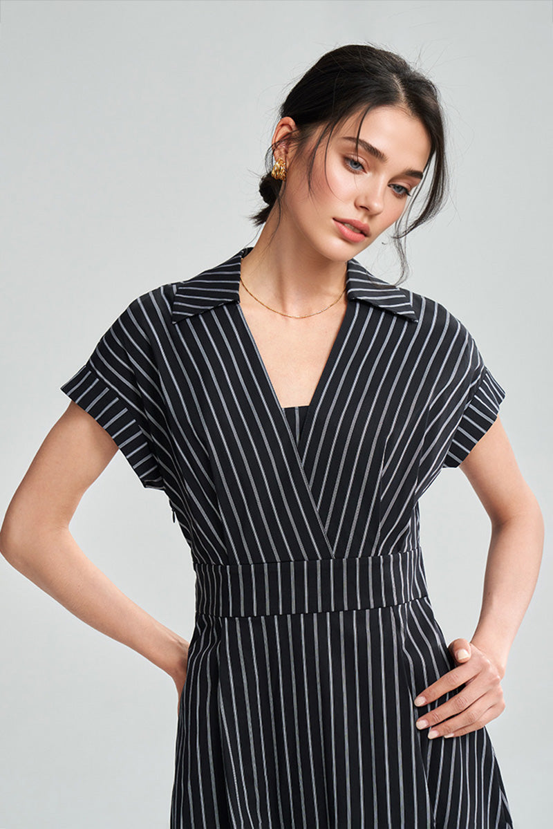 Black & White Striped A-Line Cap-Sleeve Midi Dress