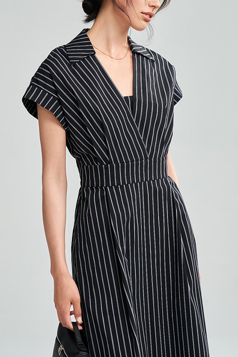 Black & White Striped A-Line Cap-Sleeve Midi Dress
