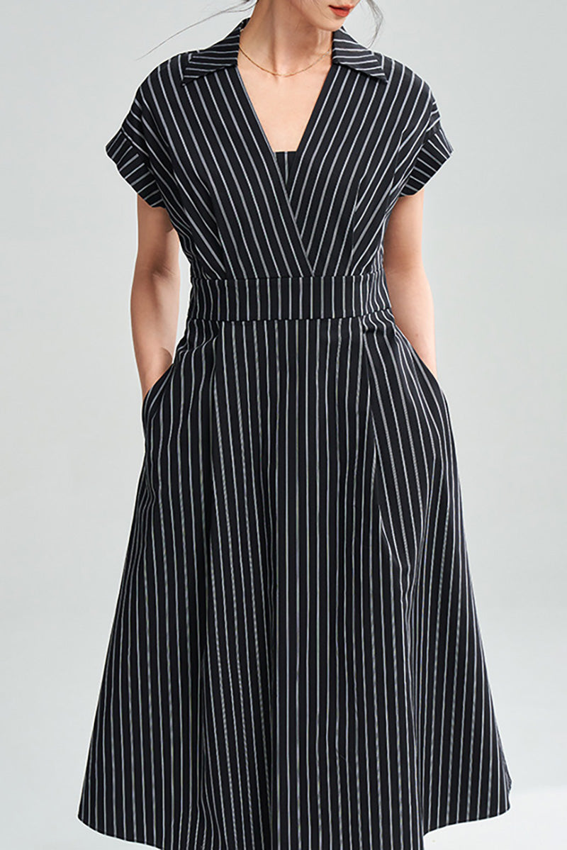 Black & White Striped A-Line Cap-Sleeve Midi Dress