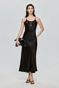 Black Bias Cut Satin Slip Midi Dress