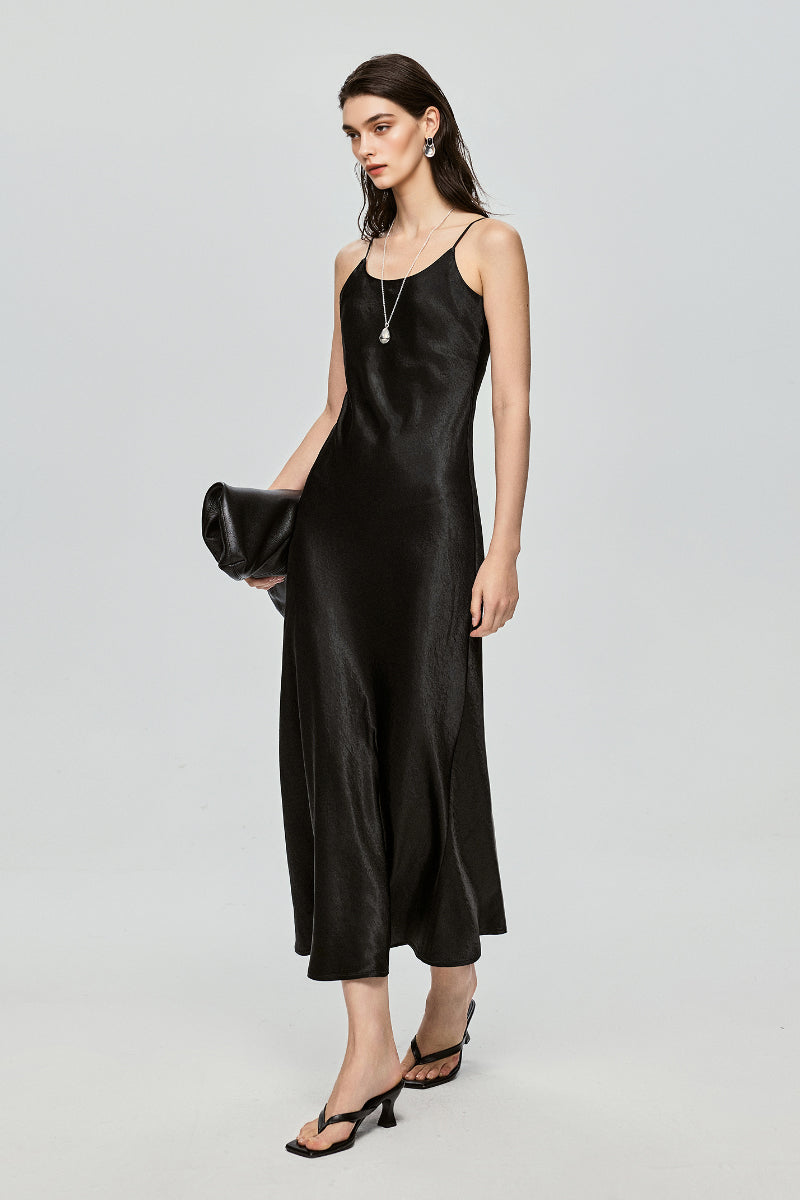 Black Bias Cut Satin Slip Midi Dress