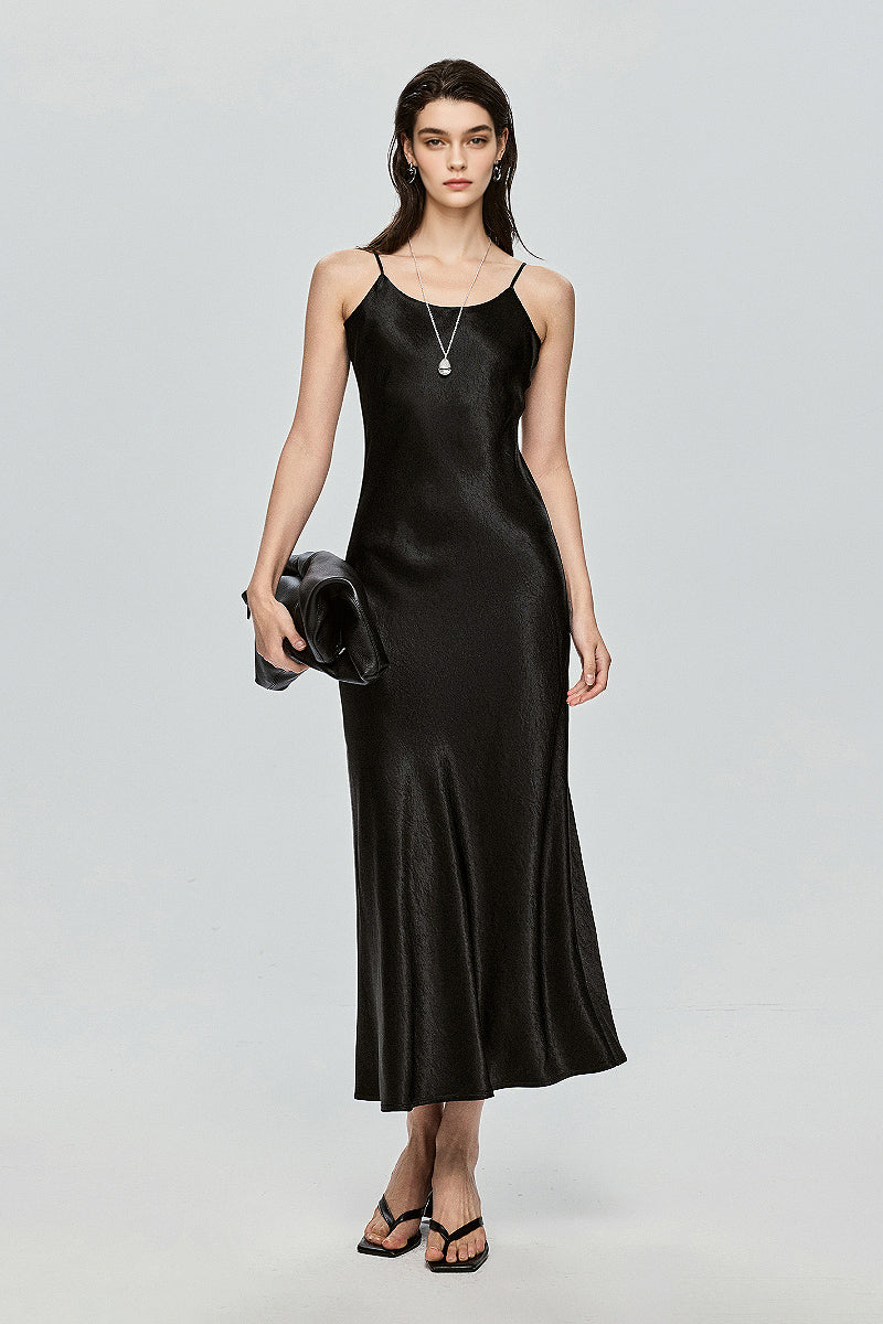 Black Bias Cut Satin Slip Midi Dress