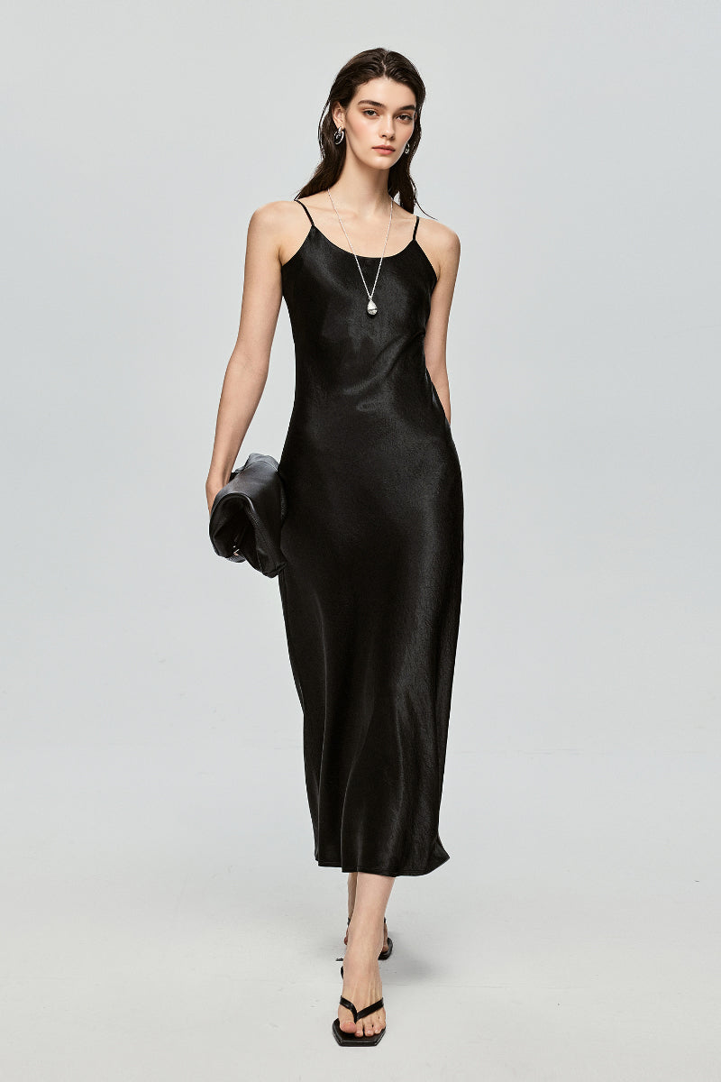 Black Bias Cut Satin Slip Midi Dress