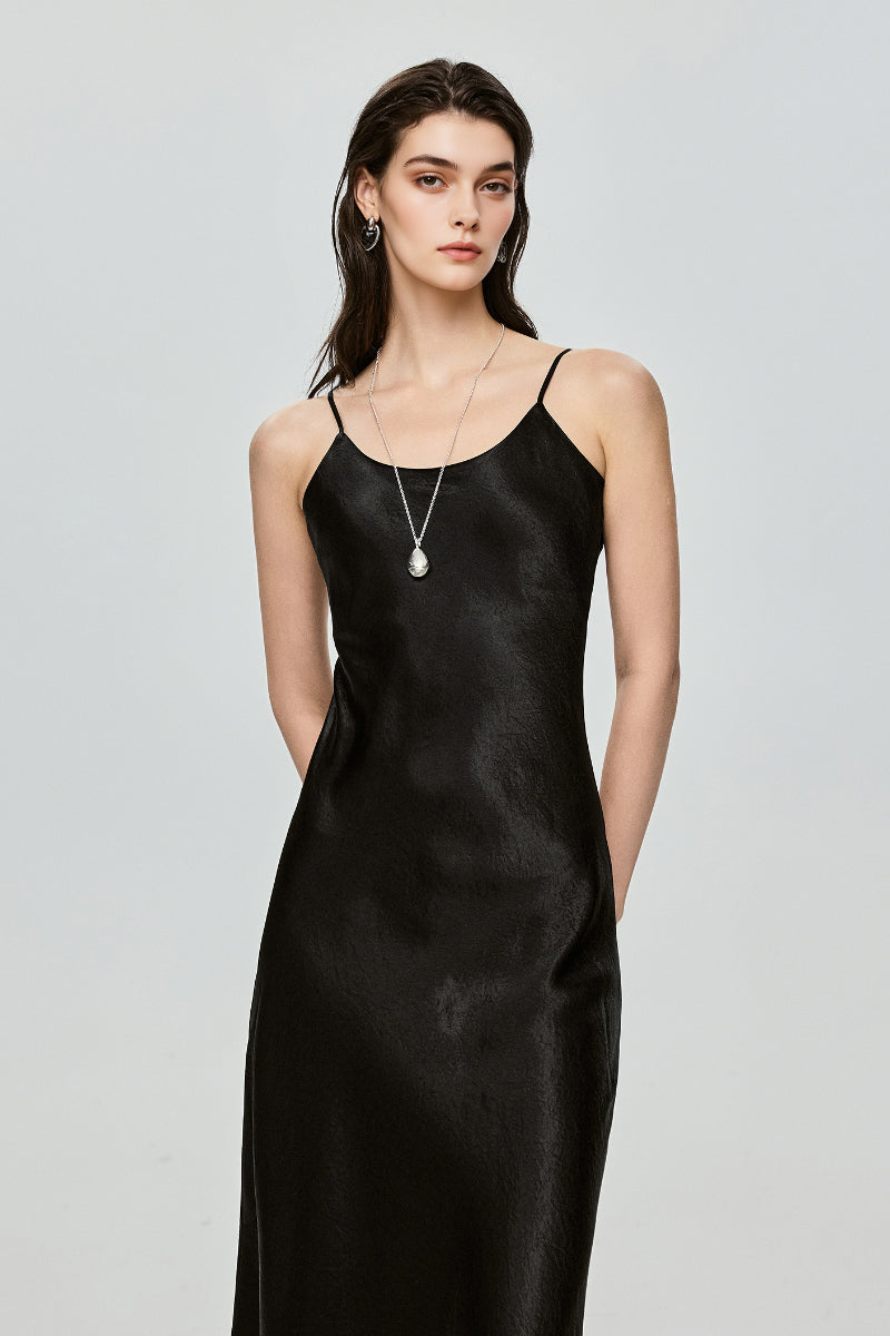 Black Bias Cut Satin Slip Midi Dress