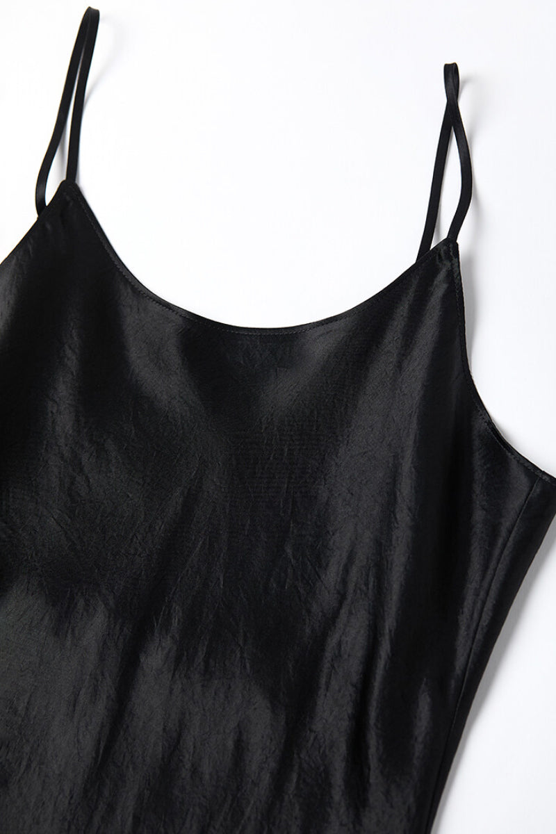 Black Bias Cut Satin Slip Midi Dress