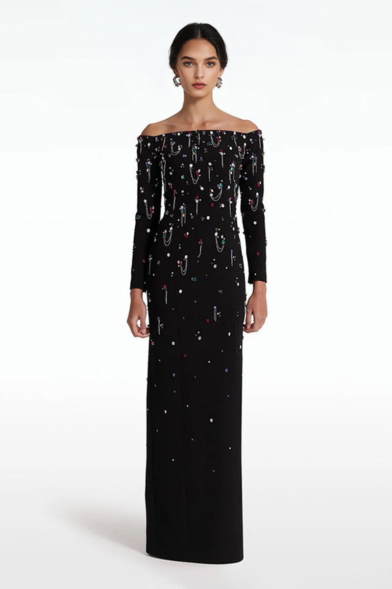 Black Crystal Long Sleeve Off-Shoulder Evening Gown