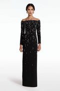 Black Crystal Long Sleeve Off-Shoulder Evening Gown