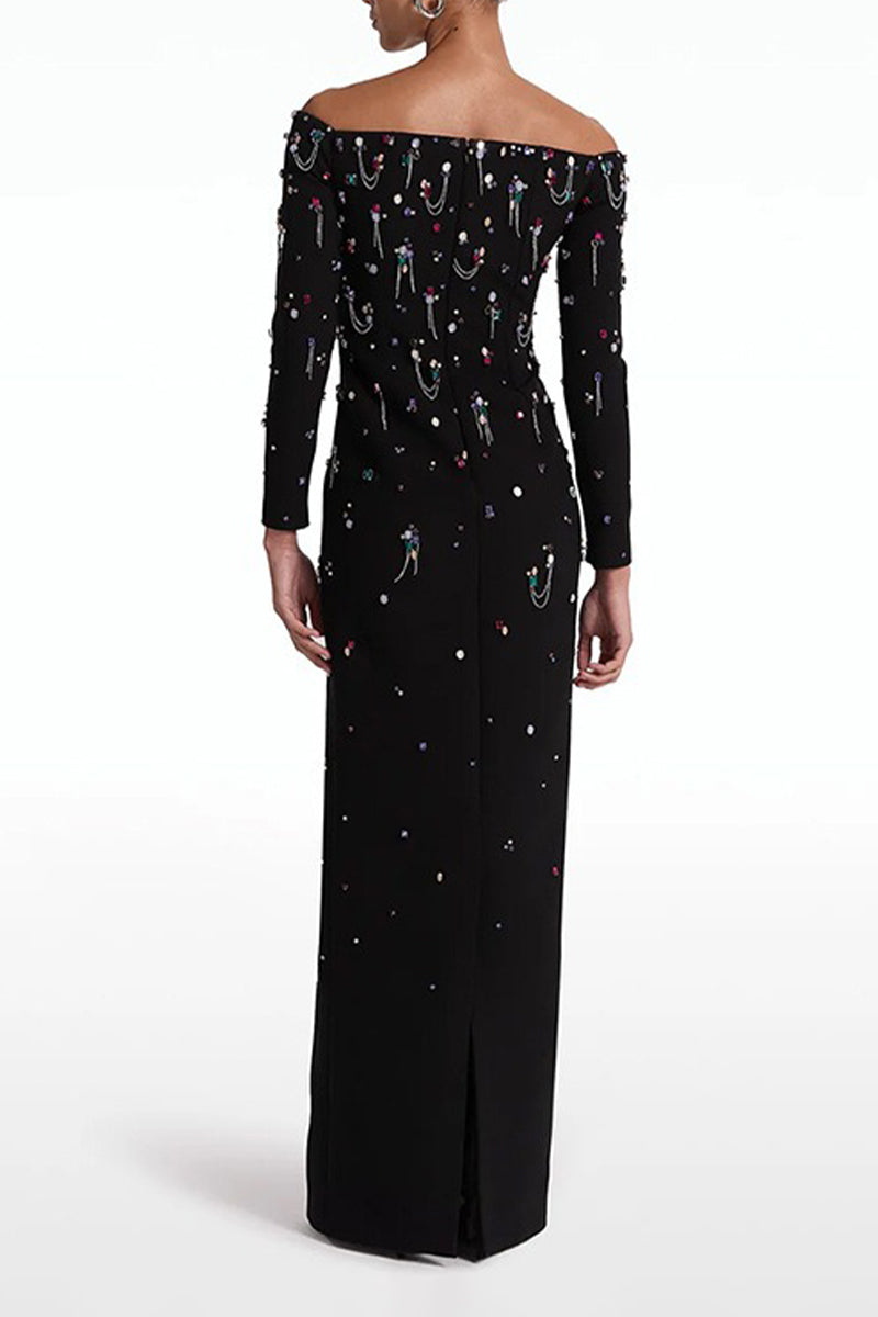 Black Crystal Long Sleeve Off-Shoulder Evening Gown