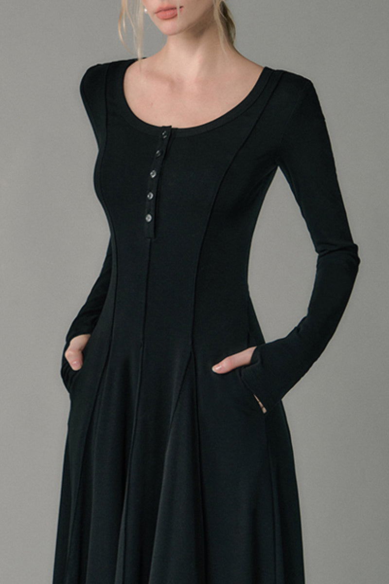 Black Fit & Flare Long-Sleeve Scoop-Neck Knit Maxi Dress with Thumb Holes