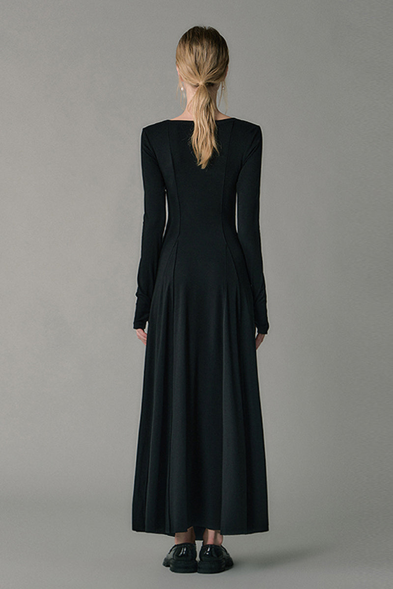Black Fit & Flare Long-Sleeve Scoop-Neck Knit Maxi Dress with Thumb Holes