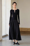 Black Fit & Flare Long-Sleeve V-Neck Maxi Dress