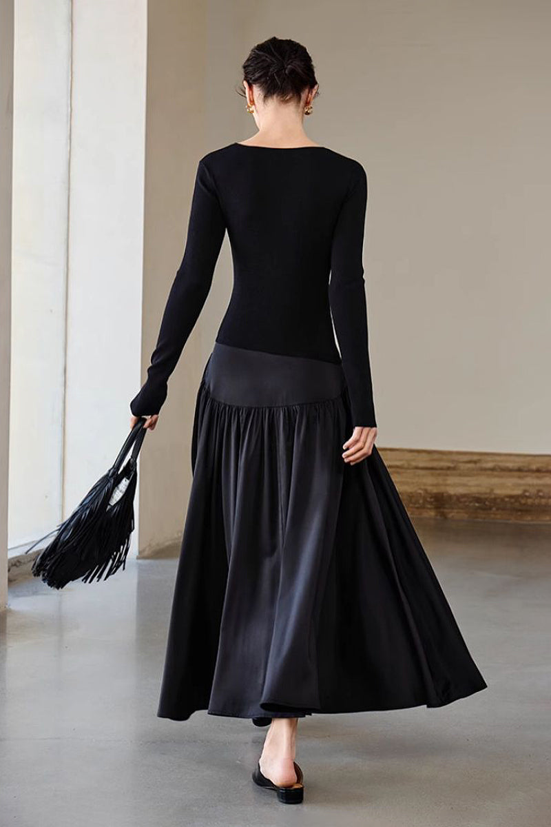 Black Fit & Flare Long-Sleeve V-Neck Maxi Dress