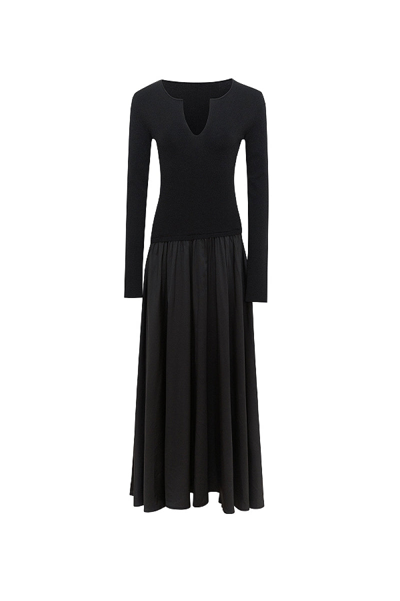Black Fit & Flare Long-Sleeve V-Neck Maxi Dress