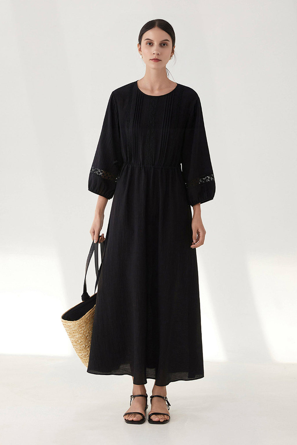 Black Long Sleeve Drawstring Waist Maxi Dress
