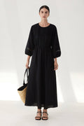 Black Long Sleeve Drawstring Waist Maxi Dress
