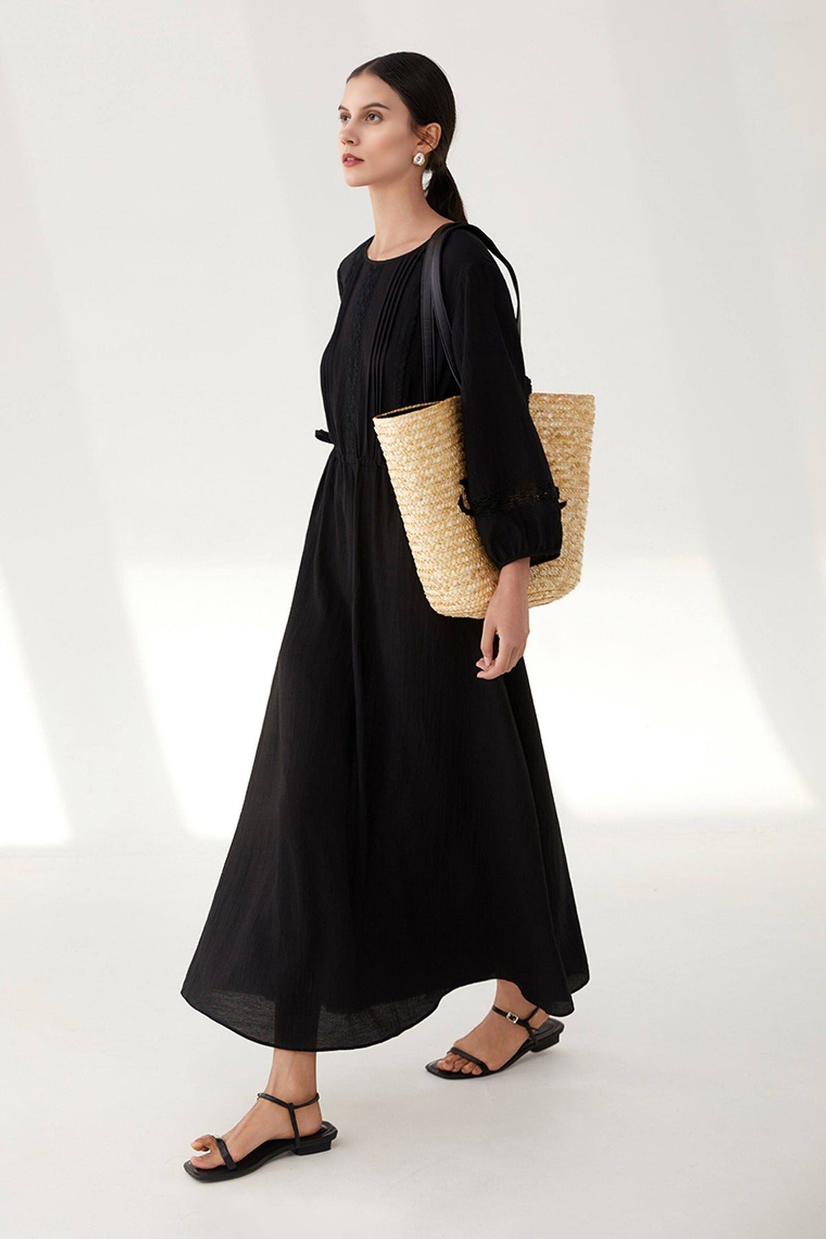 Black Long Sleeve Drawstring Waist Maxi Dress