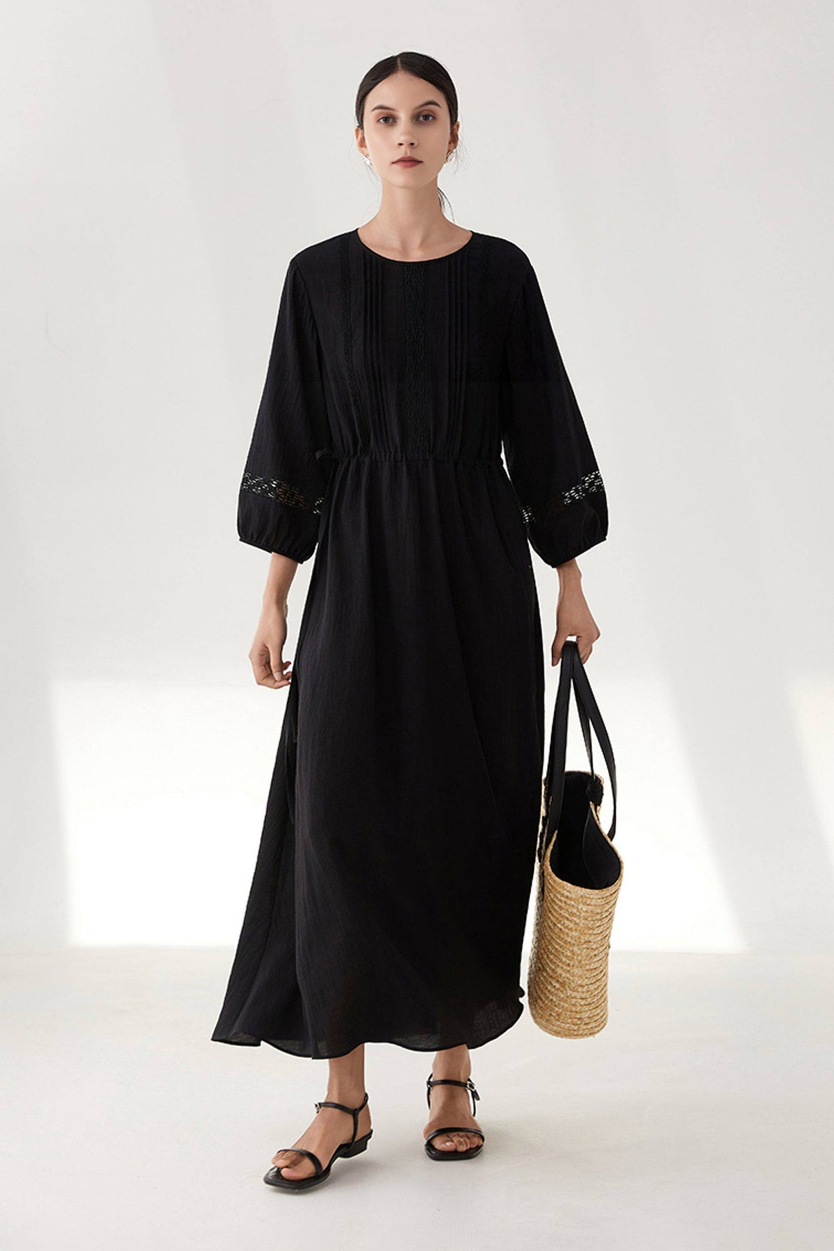 Black Long Sleeve Drawstring Waist Maxi Dress