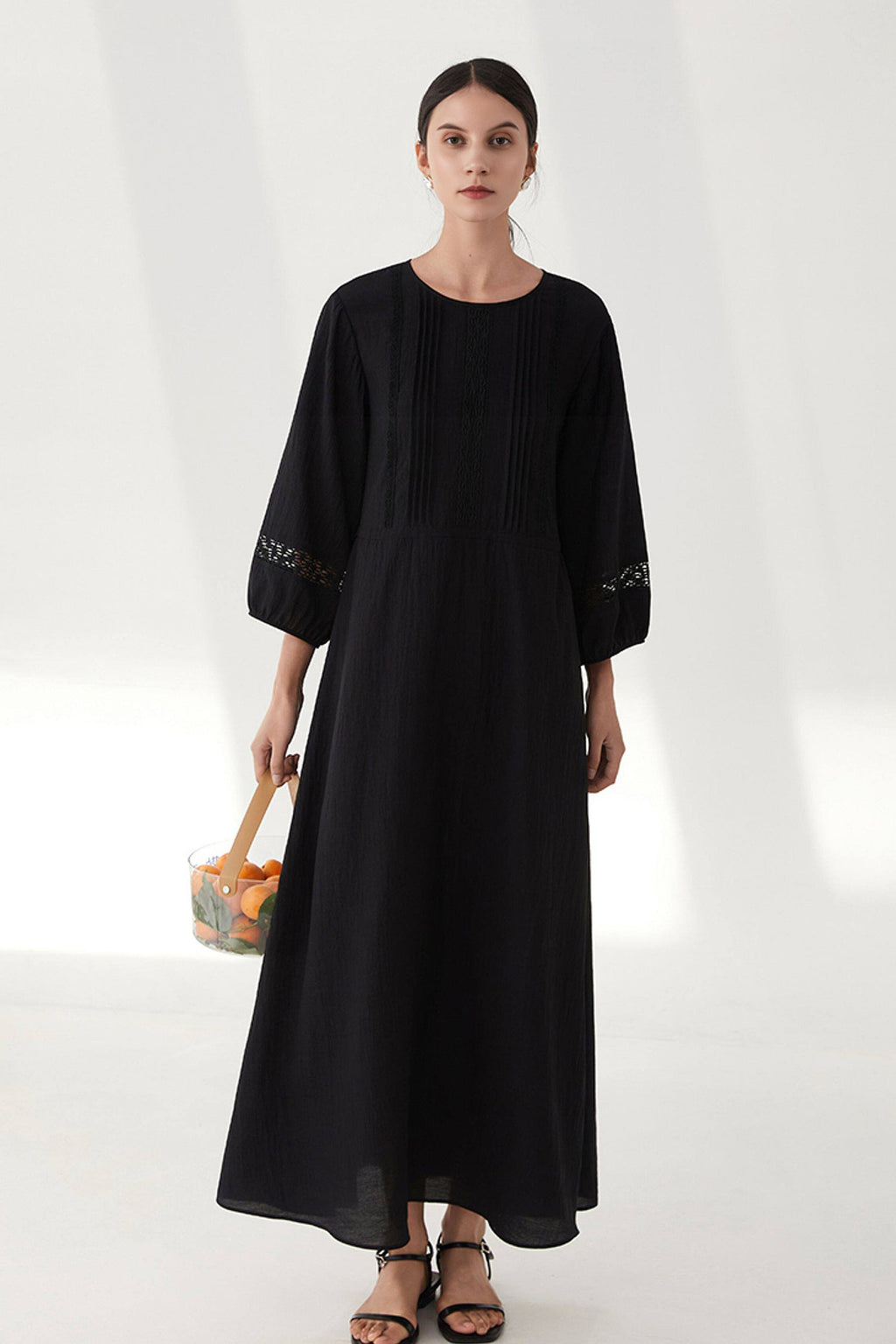 Black Long Sleeve Drawstring Waist Maxi Dress