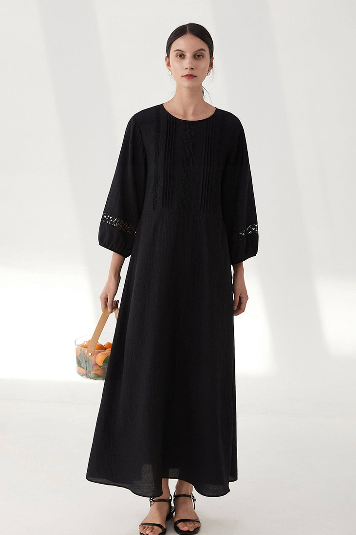 Black Long Sleeve Drawstring Waist Maxi Dress