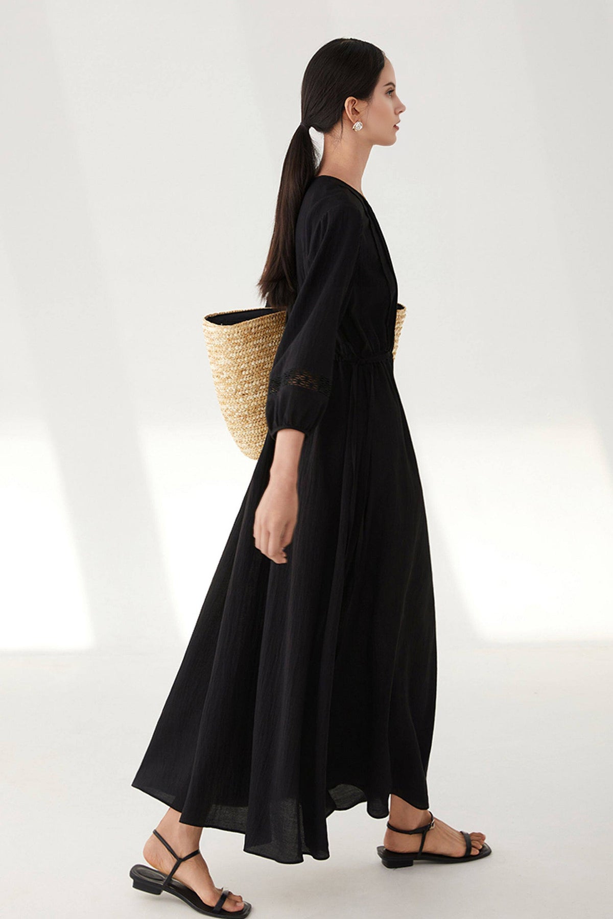Black Long Sleeve Drawstring Waist Maxi Dress