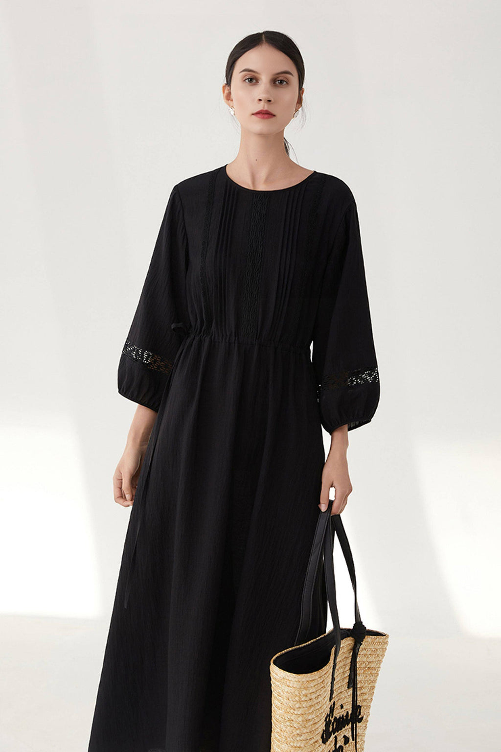 Black Long Sleeve Drawstring Waist Maxi Dress