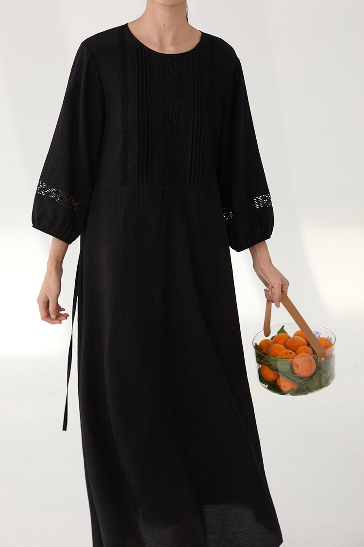 Black Long Sleeve Drawstring Waist Maxi Dress