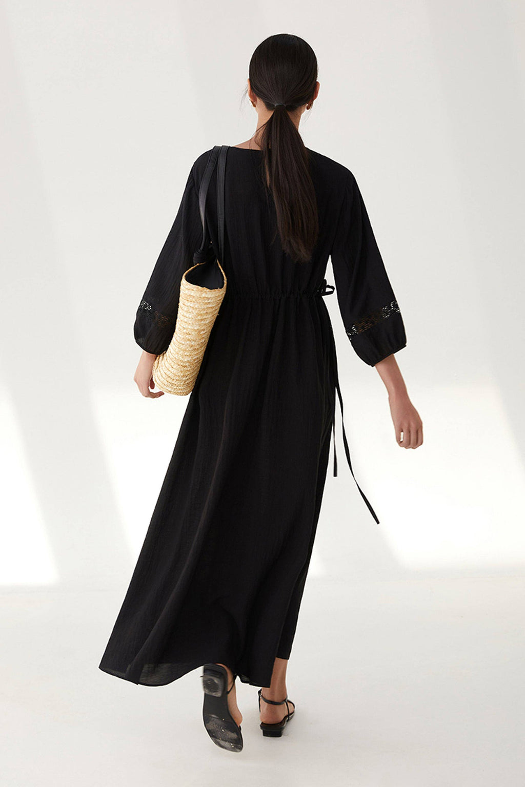 Black Long Sleeve Drawstring Waist Maxi Dress