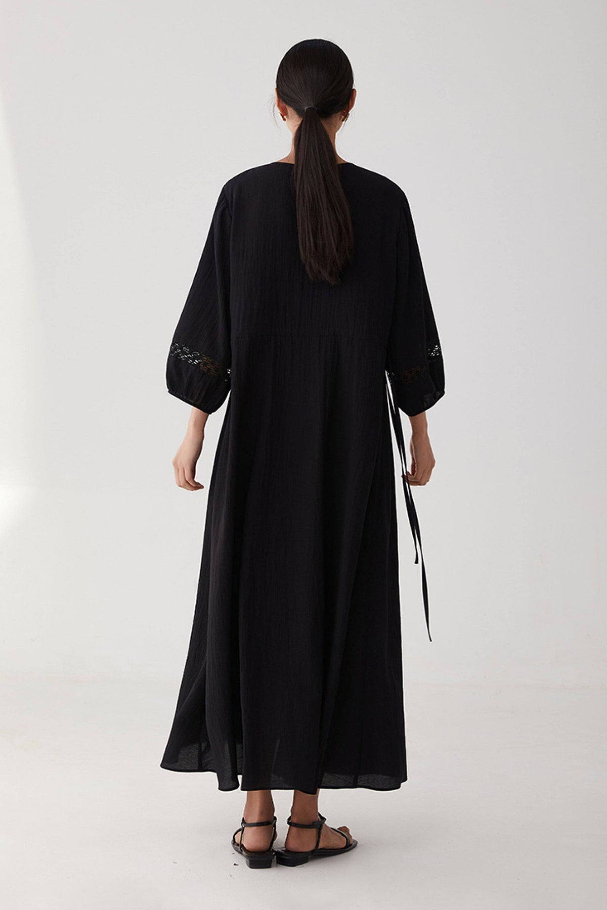 Black Long Sleeve Drawstring Waist Maxi Dress