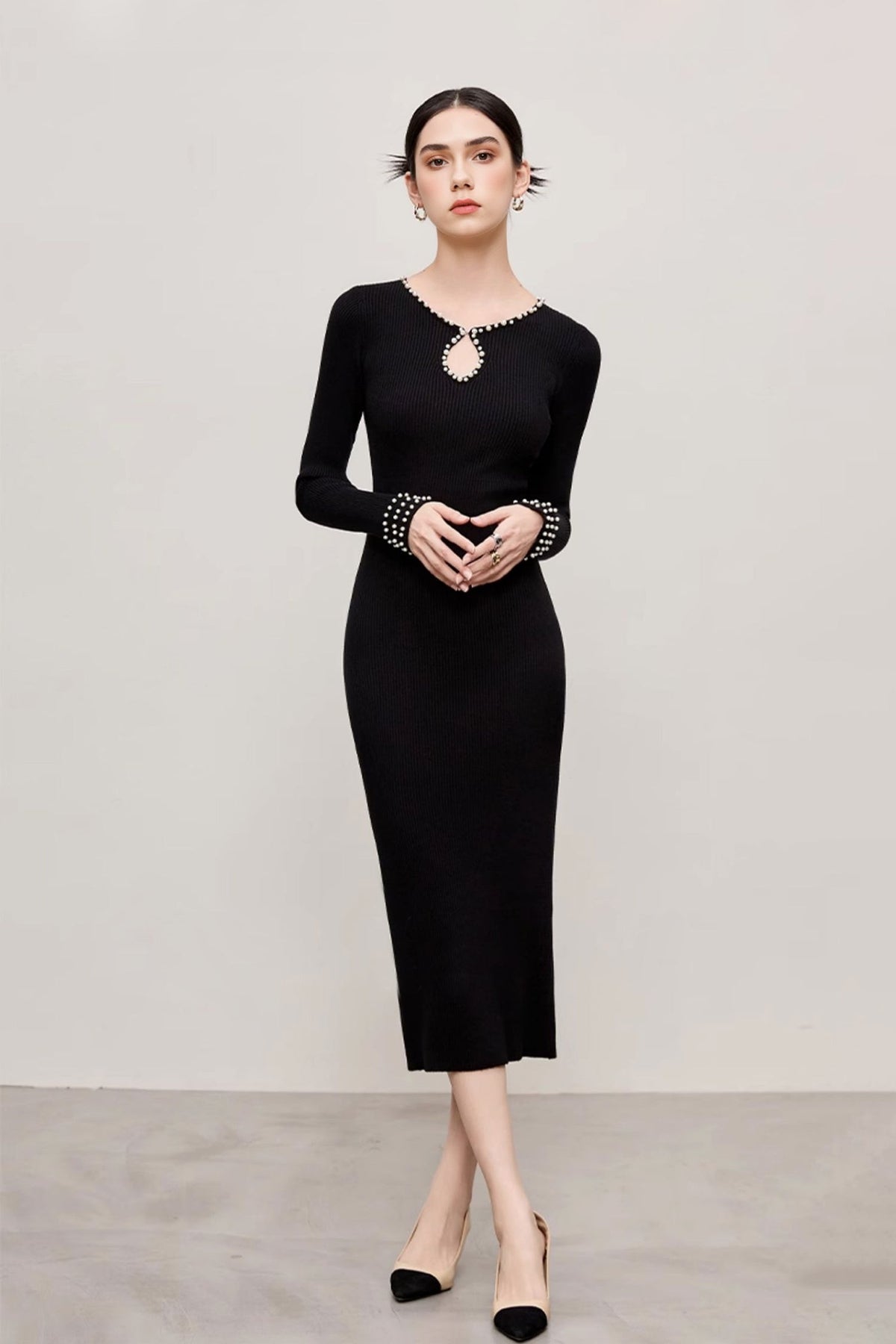 Black Long Sleeve Pearl-Trim Ribbed Midi Sweater Dress
