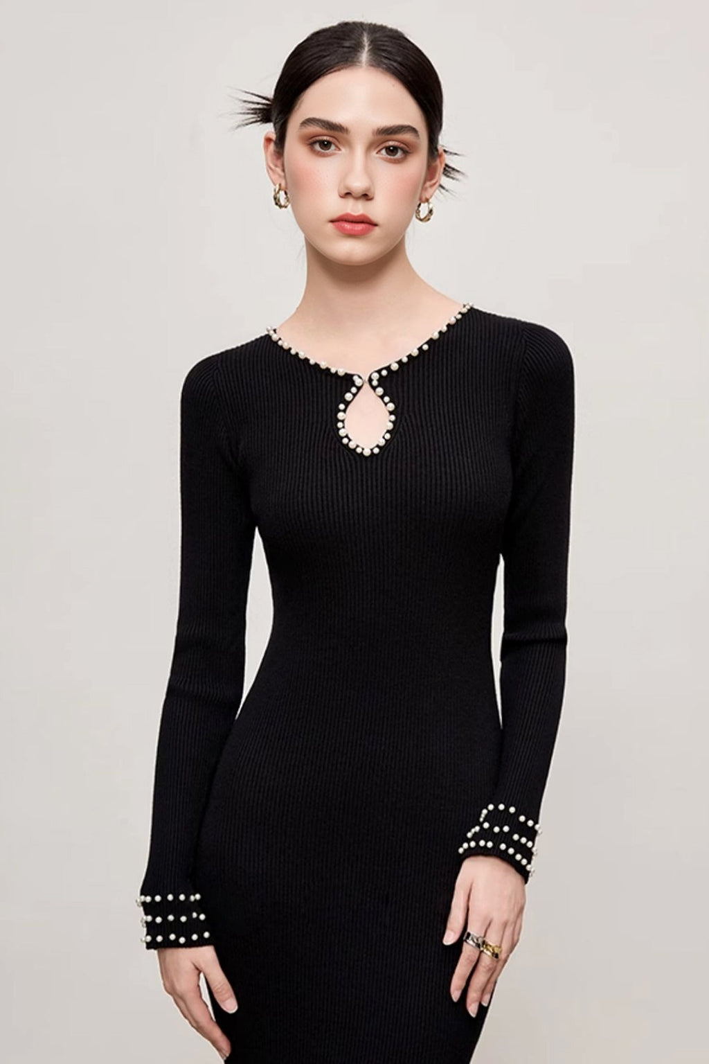 Black Long Sleeve Pearl-Trim Ribbed Midi Sweater Dress