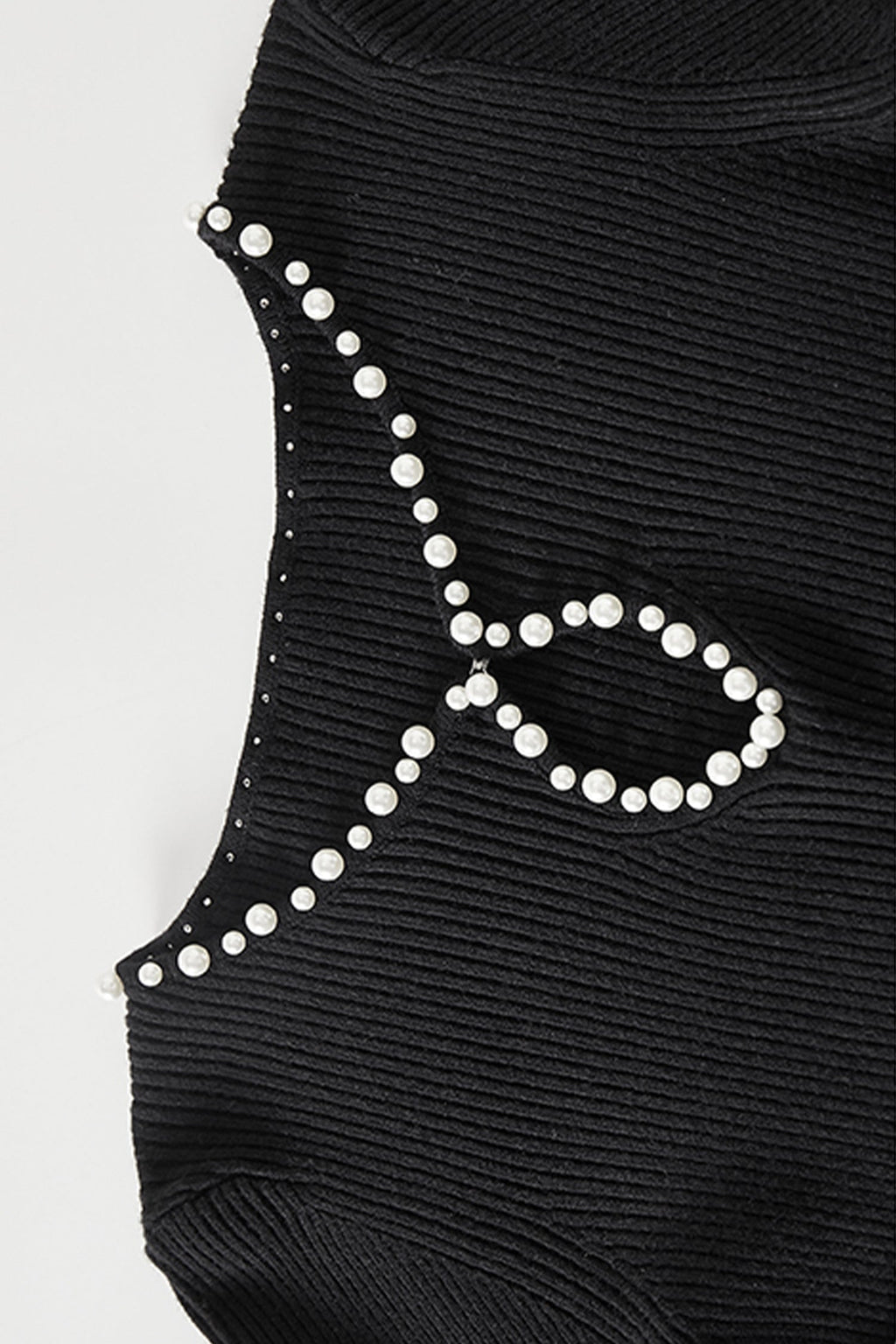 Black Long Sleeve Pearl-Trim Ribbed Midi Sweater Dress