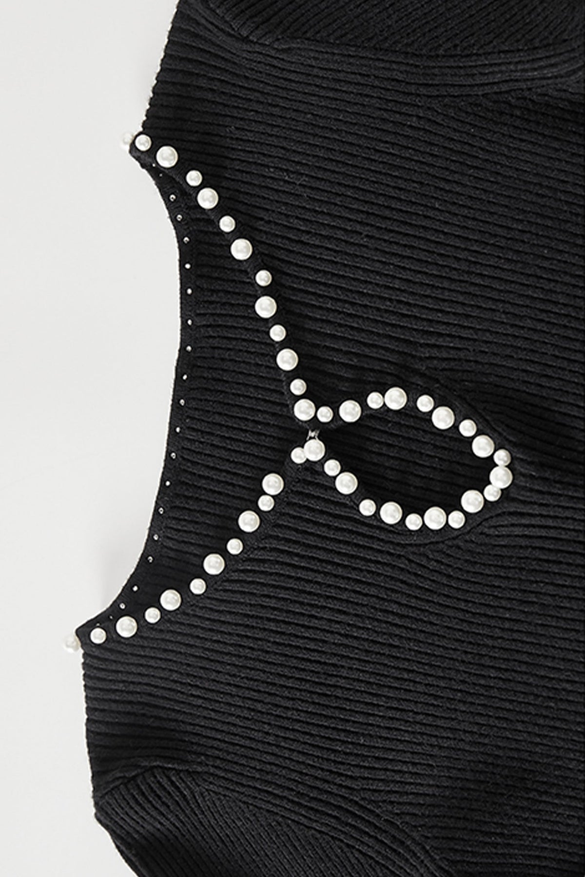Black Long Sleeve Pearl-Trim Ribbed Midi Sweater Dress