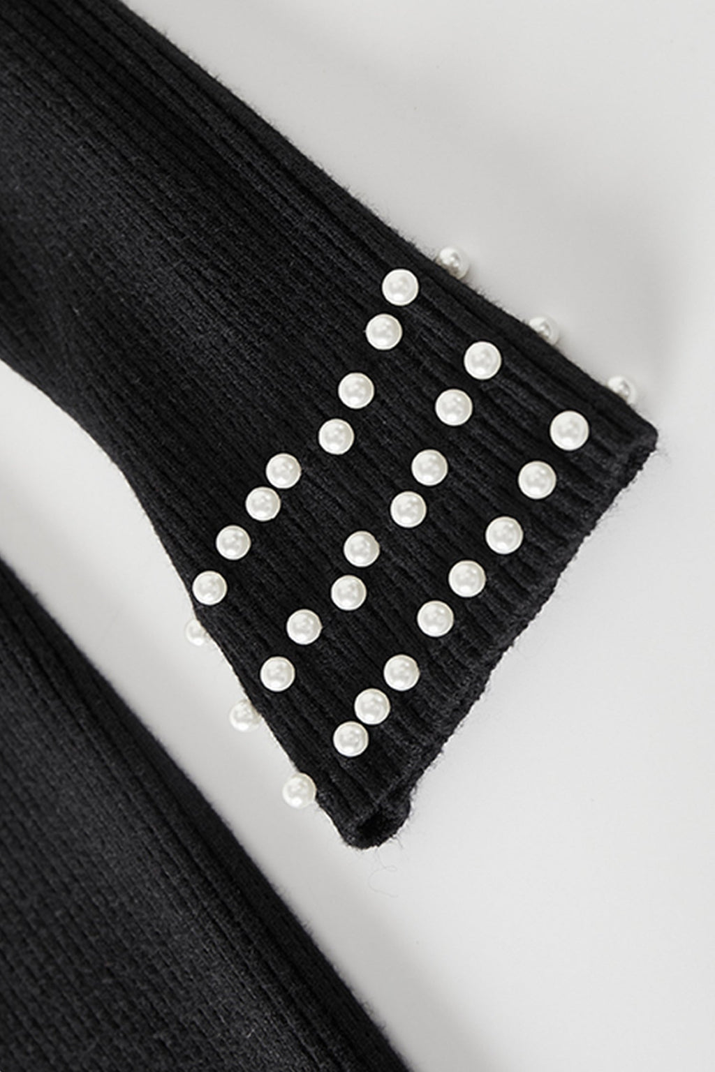 Black Long Sleeve Pearl-Trim Ribbed Midi Sweater Dress