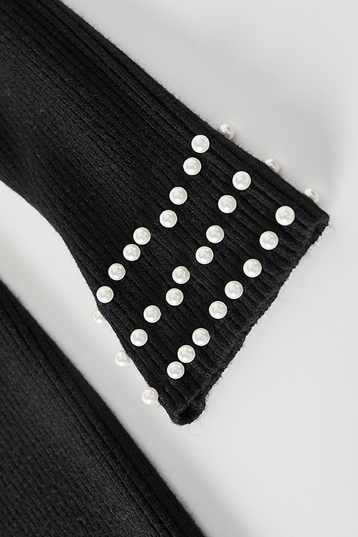 Black Long Sleeve Pearl-Trim Ribbed Midi Sweater Dress