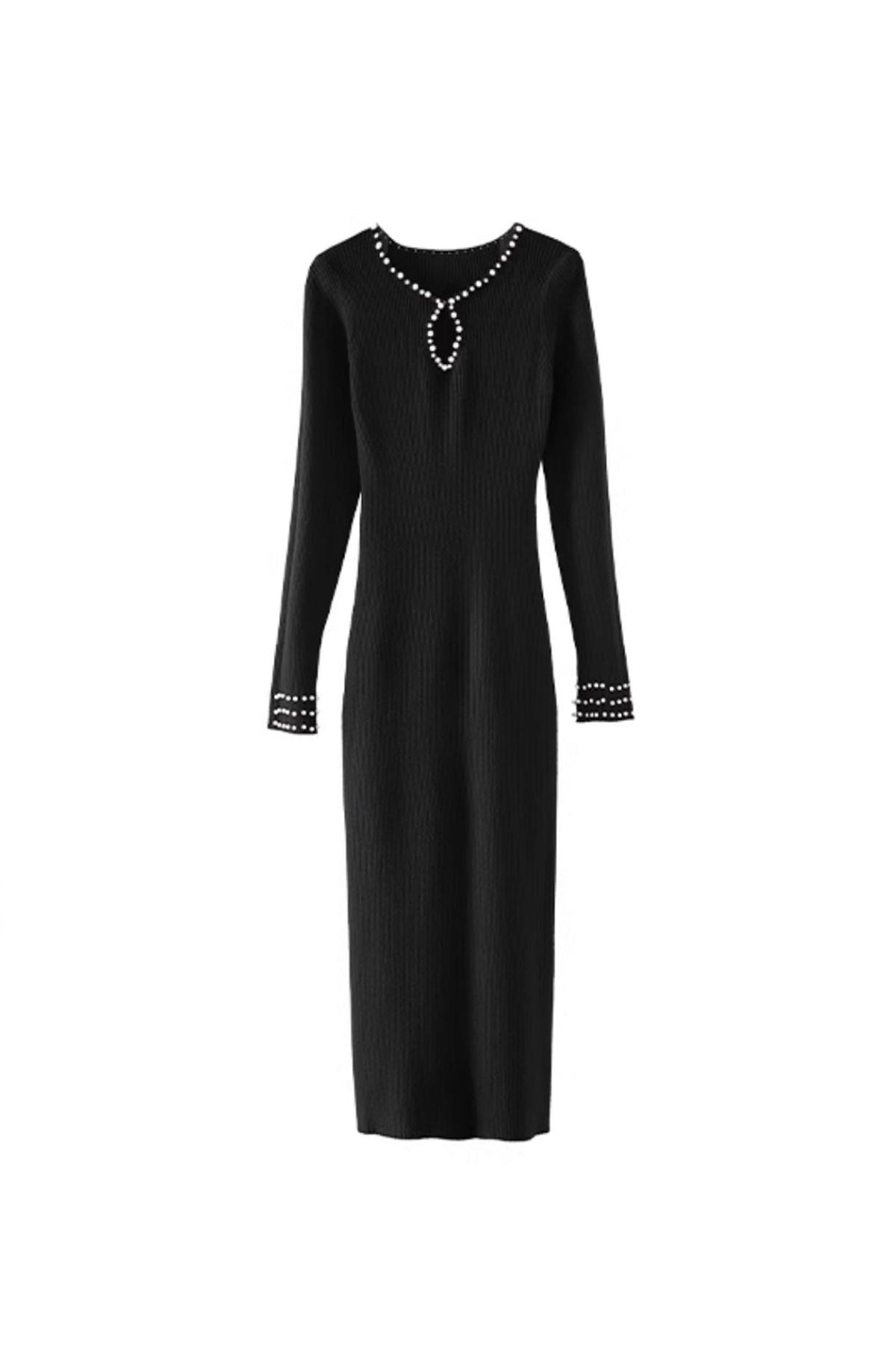Black Long Sleeve Pearl-Trim Ribbed Midi Sweater Dress