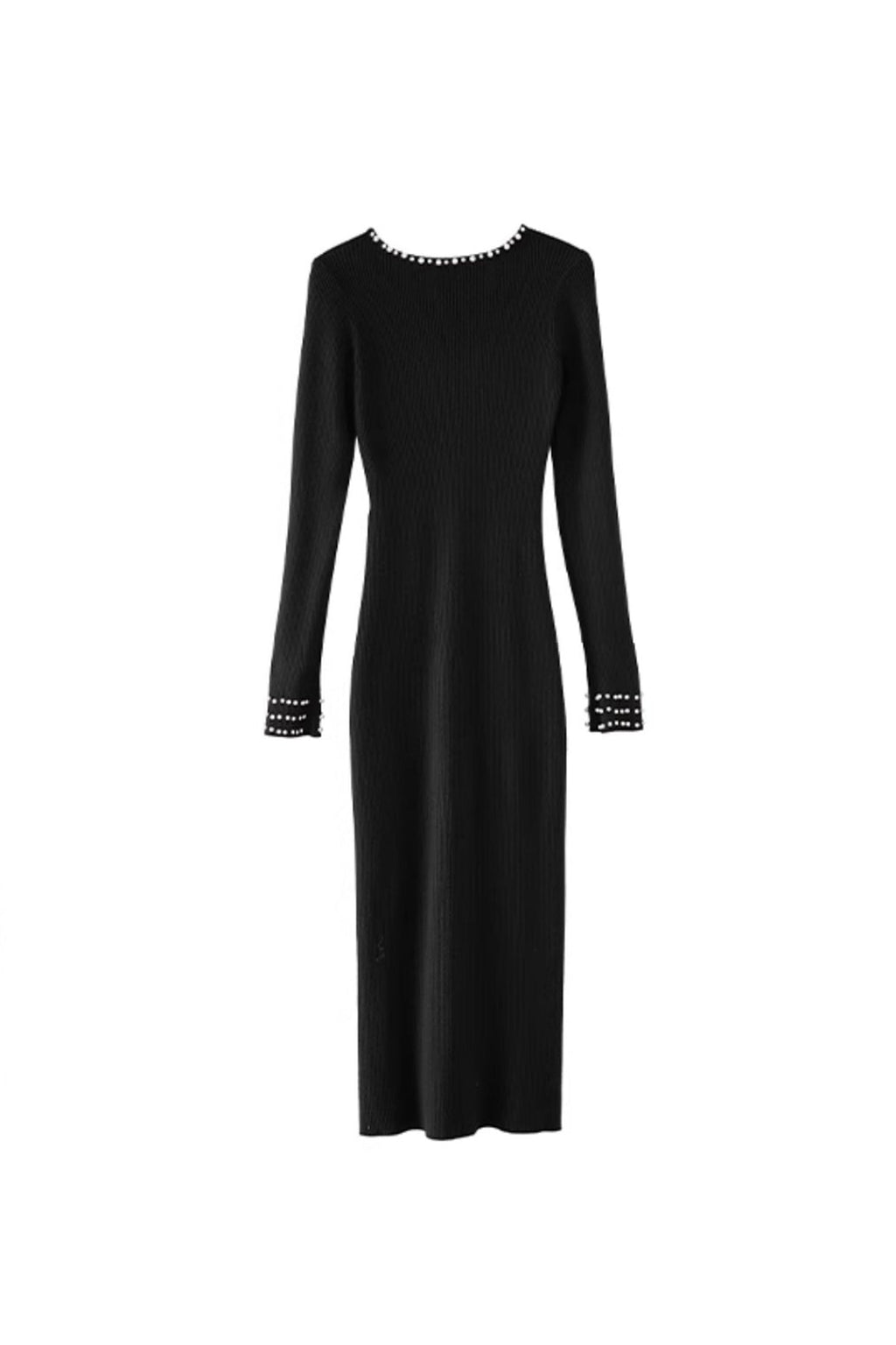 Black Long Sleeve Pearl-Trim Ribbed Midi Sweater Dress
