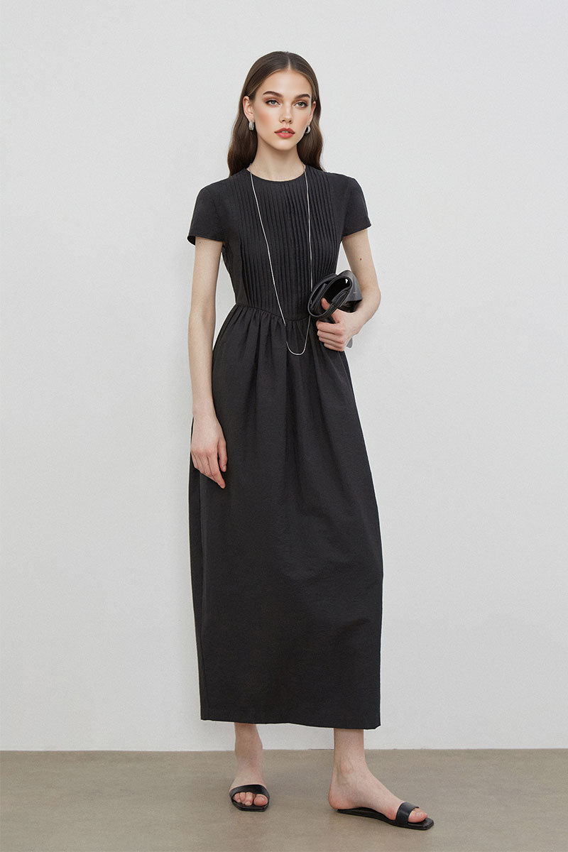 Black Long-Staple Cotton Midi Dress with Front Pleat