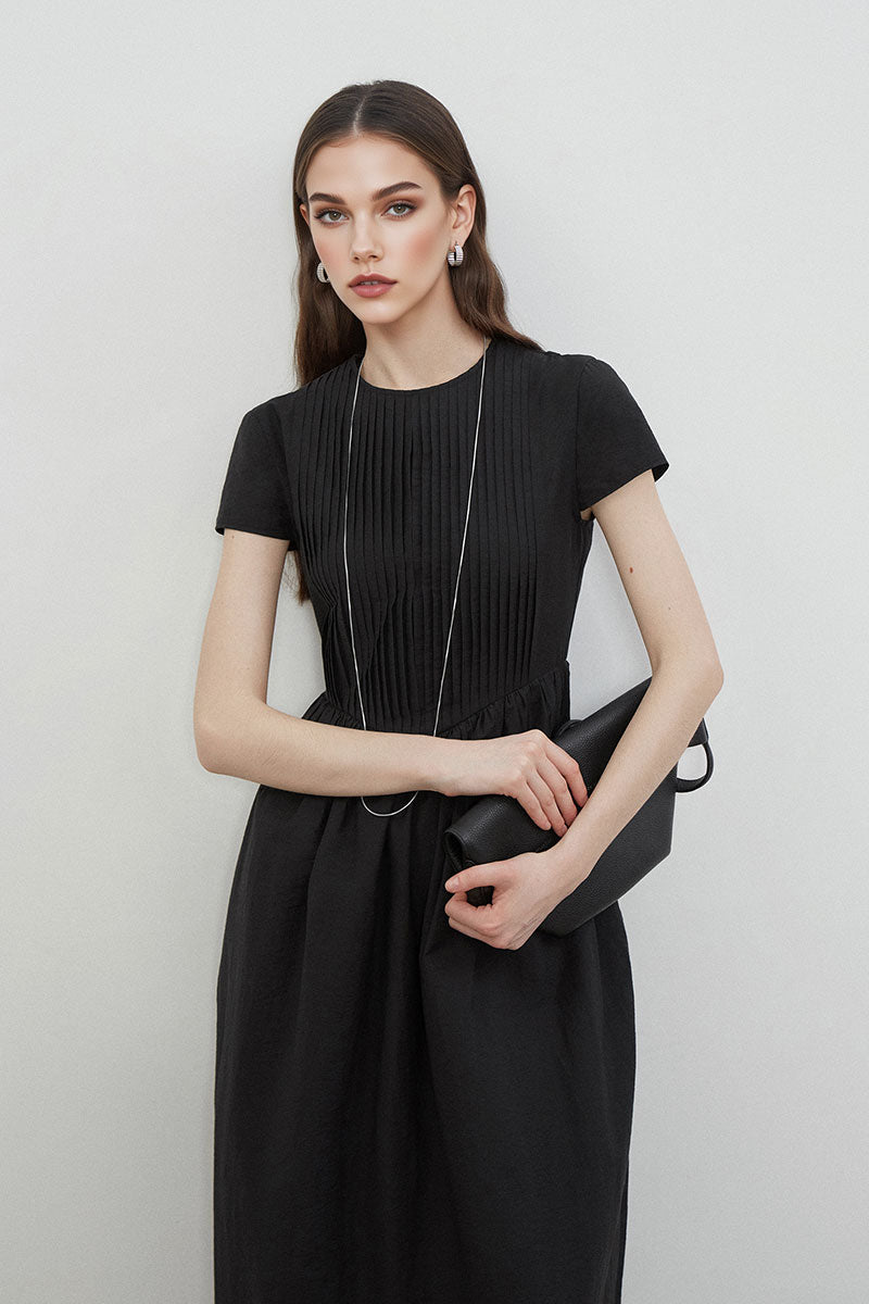 Black Long-Staple Cotton Midi Dress with Front Pleat