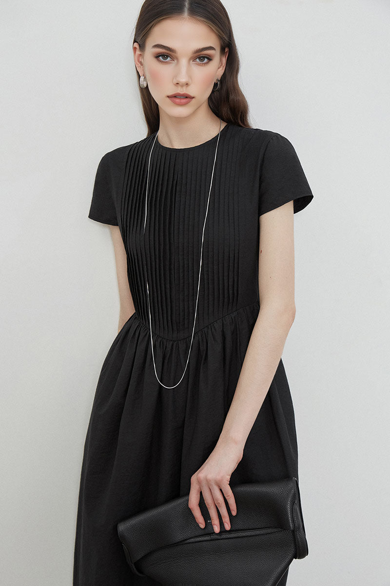 Black Long-Staple Cotton Midi Dress with Front Pleat