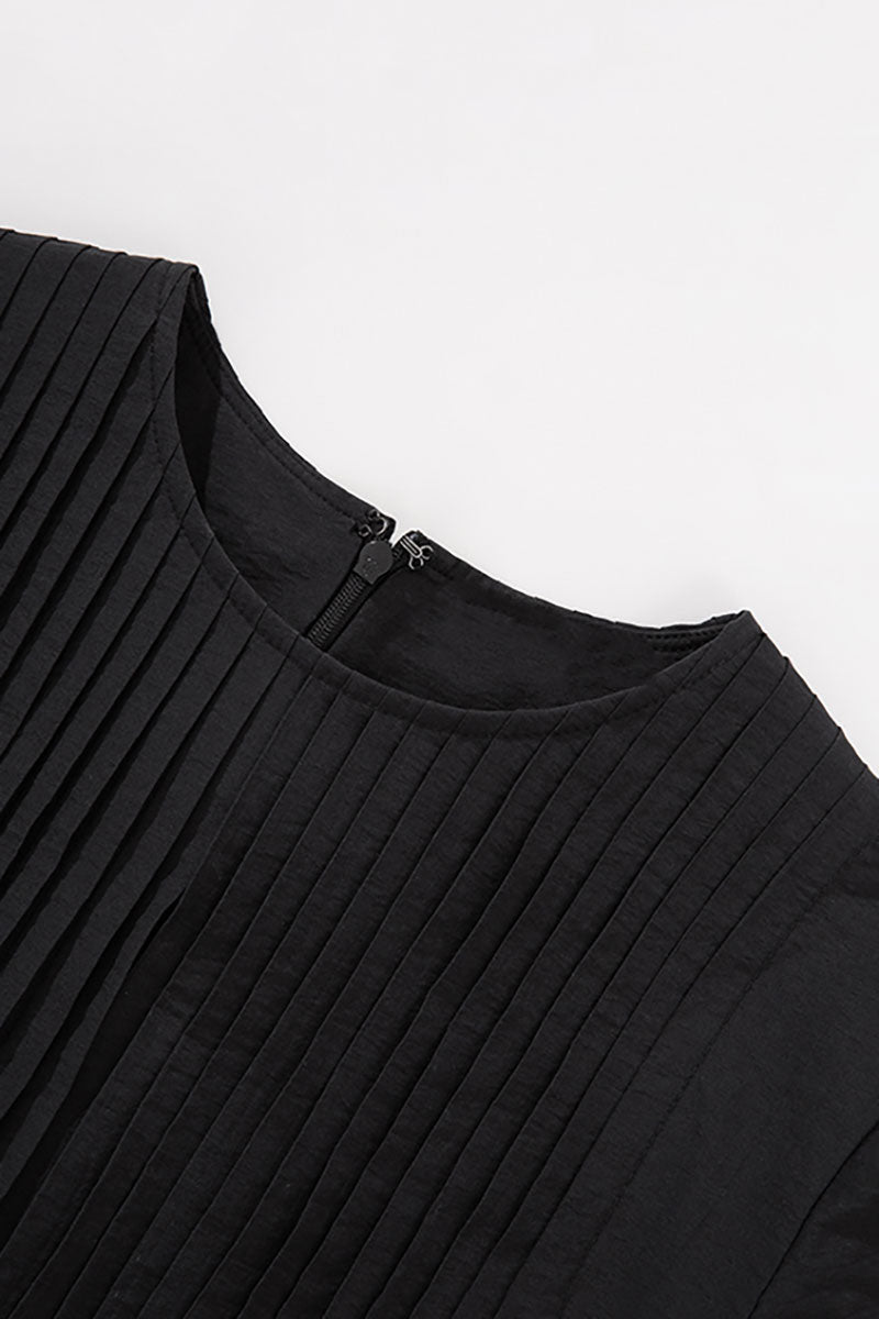 Black Long-Staple Cotton Midi Dress with Front Pleat